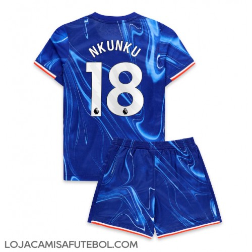 Camisa de Futebol Chelsea Christopher Nkunku #18 Equipamento Principal Infantil 2024-25 Manga Curta (+ Calças curtas)